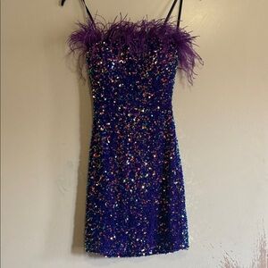 B Darlin Vibrant Purple/pink Sequin Feathers Homecoming Mini Formal Dress